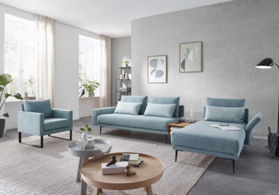 Wolkenweich Modulsofa Milla in hellblau, Wohnlandschaft, Ecksofa mit Sessel, Wolkenweich Sessel Puro